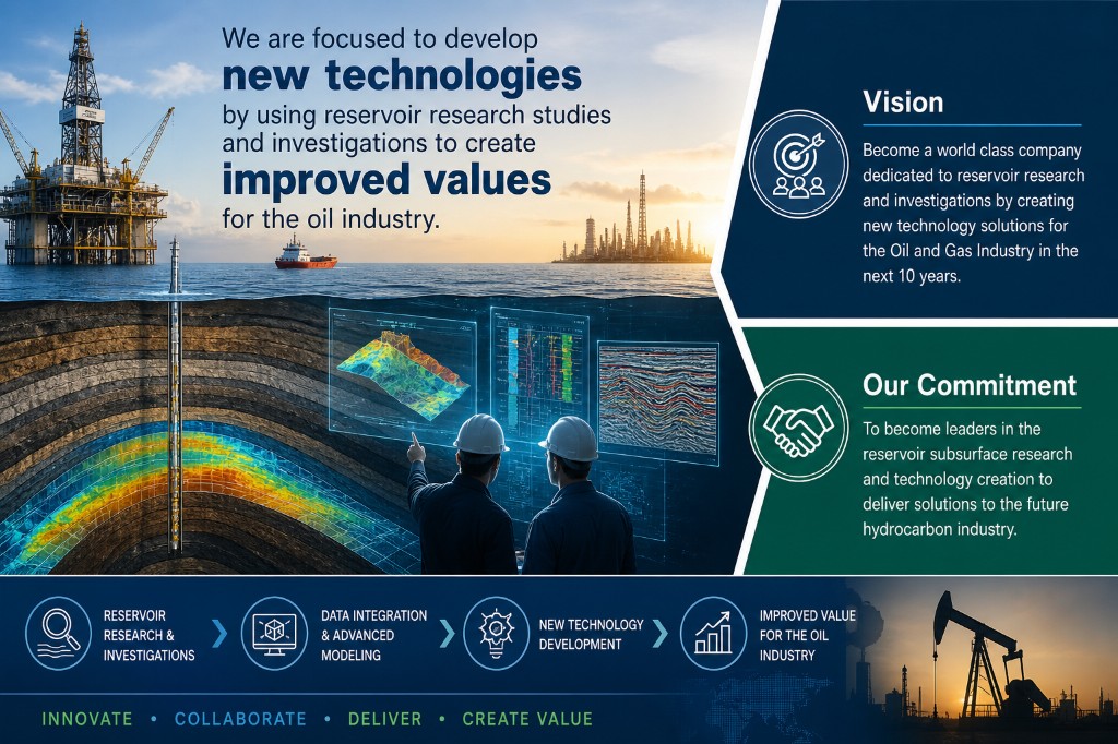 Infographic: mission, vision, and commitment with reservoir research workflow from investigations through modeling to industry value.