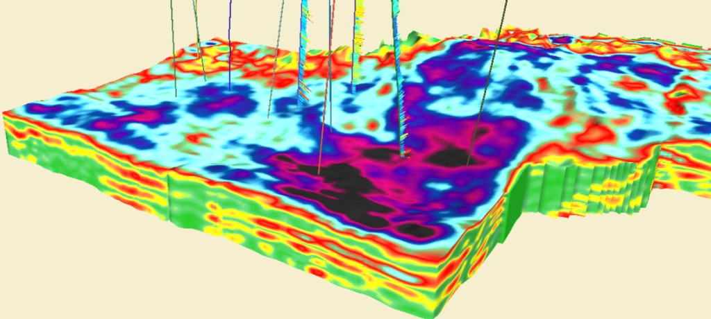 3D subsurface model with wellbores and color-mapped property layers.