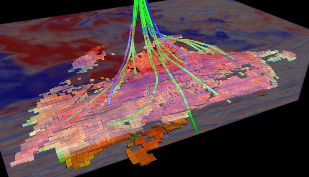 3D subsurface visualization with well paths and voxelized reservoir model.