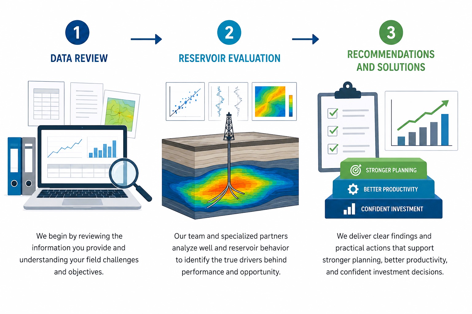 Three-step process covering data review, reservoir evaluation, and recommendations.